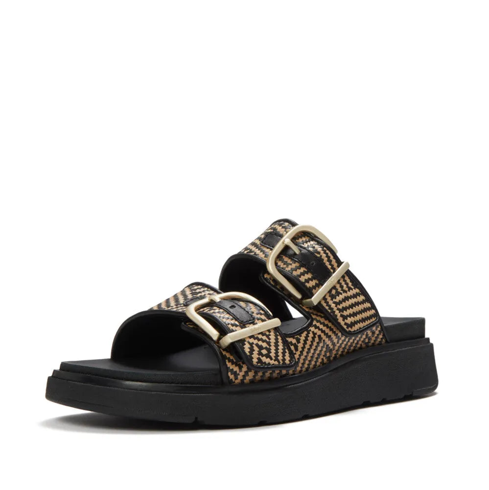 FitFlop A2Q-001 Gen-FF Ladies' black leather and textile slide sandals with double buckle straps and chunky sole.