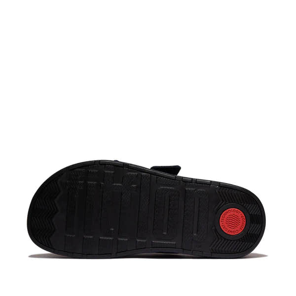 FitFlop A3I-D71 Max Buckle women's dark denim textile slip-on sandals with buckle detail and cushioned sole.