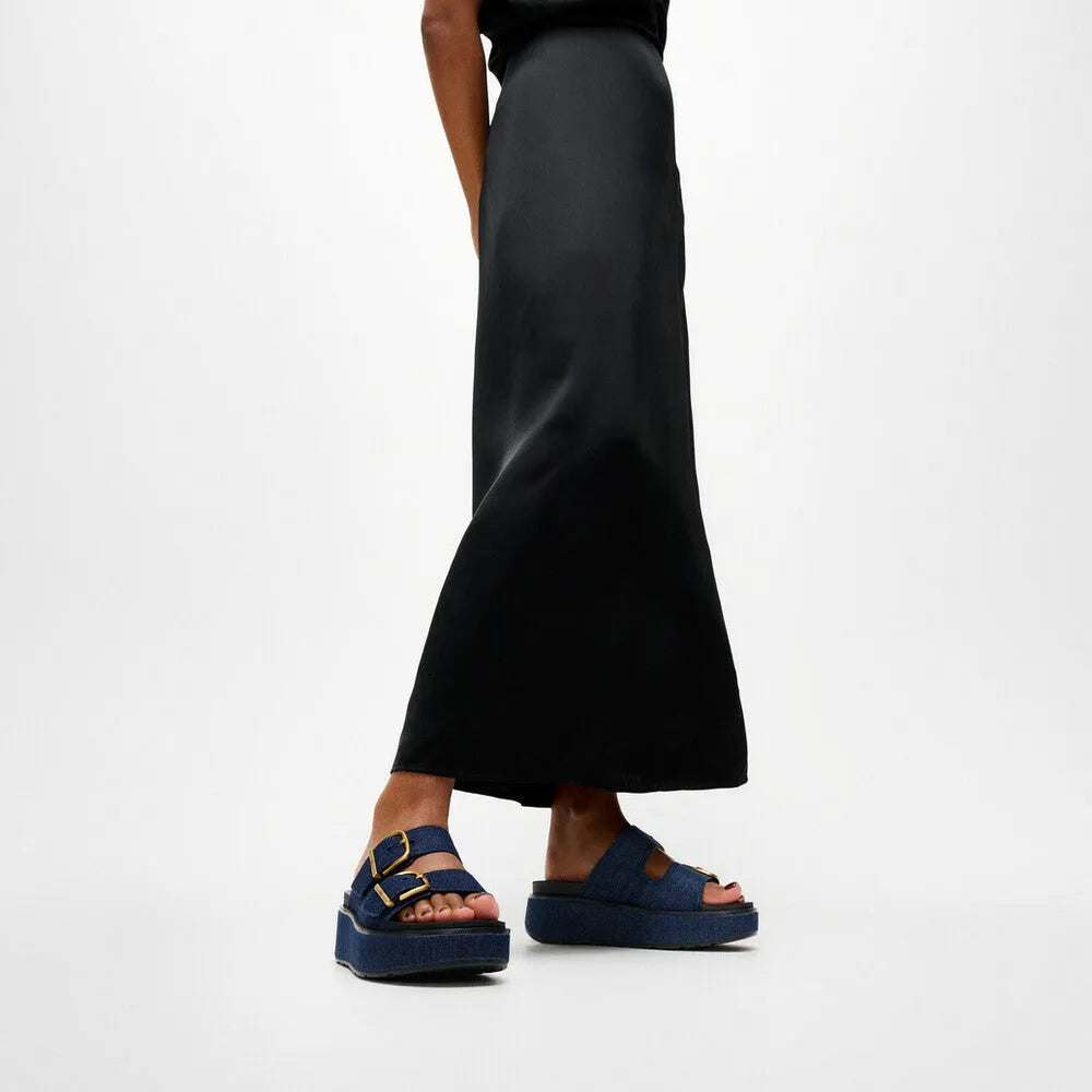 FitFlop A3I-D71 Max Buckle Ladies Dark Denim Textile Buckle Slip-On Sandals with chunky platform sole.