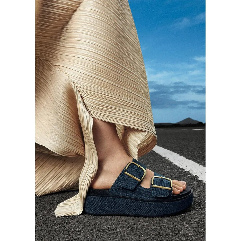 FitFlop Buckle Slip-Ons for Women, Dark Denim Textile, stylish and comfortable casual footwear.