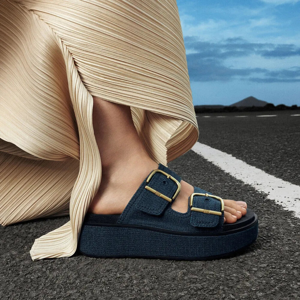 FitFlop A3I-D71 Max Buckle Ladies dark denim slip-on sandals with buckle details on textured fabric.