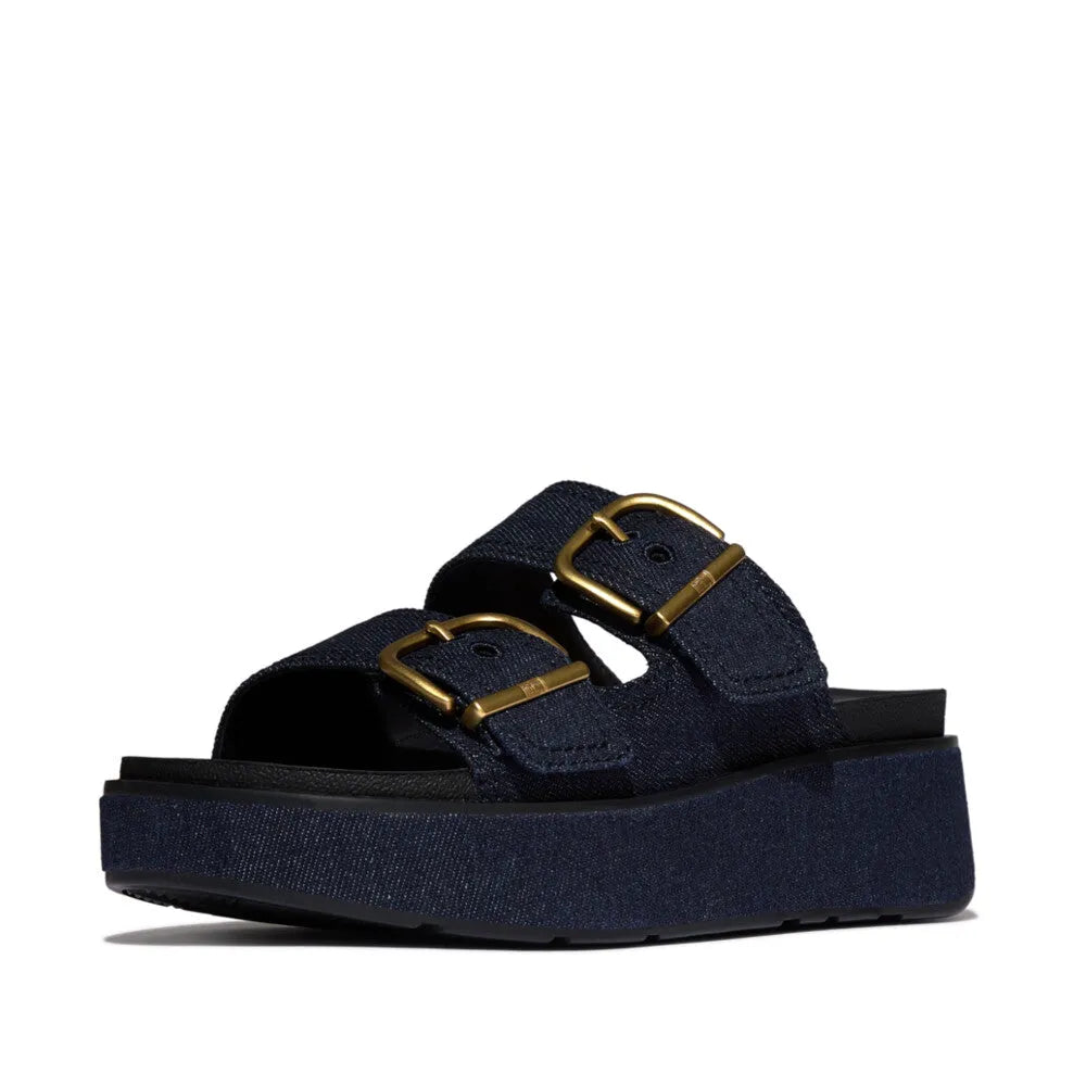 FitFlop A3I-D71 Max Buckle Ladies Dark Denim Platform Slip-On Sandals with Gold Buckles