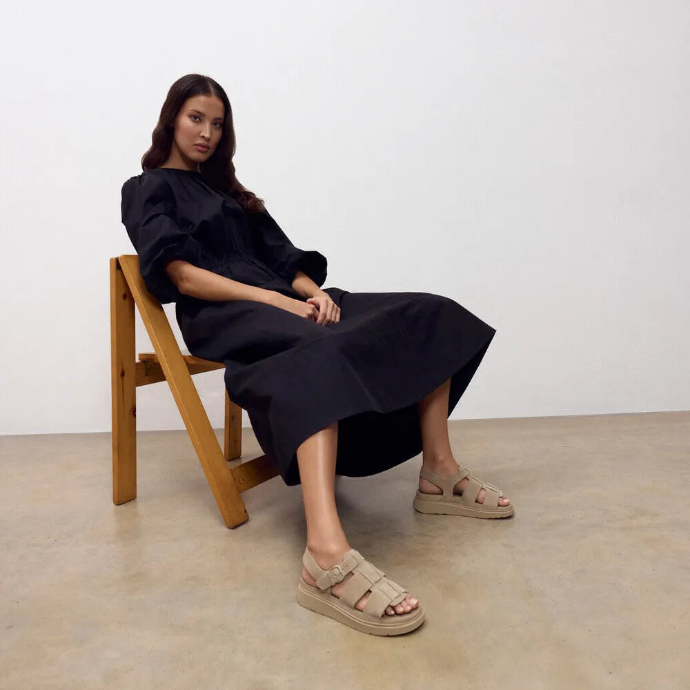 FitFlop A3T-923 Suede Fisherman sandals for women, cappuccino color, suede material, buckle strap, casual slip-on style.