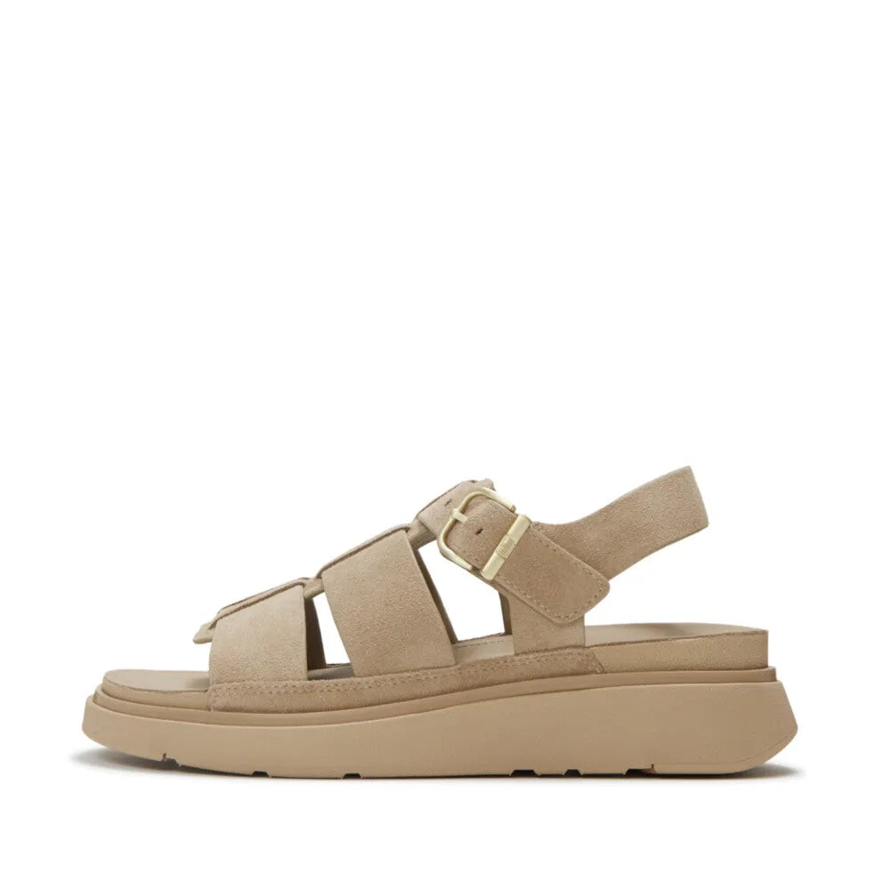 FitFlop Suede Fisherman Sandals for Women, Cappuccino color with buckle strap and cushioned sole.