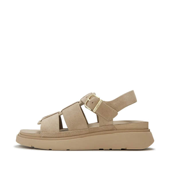 FitFlop Suede Fisherman Sandals for Women, Cappuccino color with buckle strap and cushioned sole.