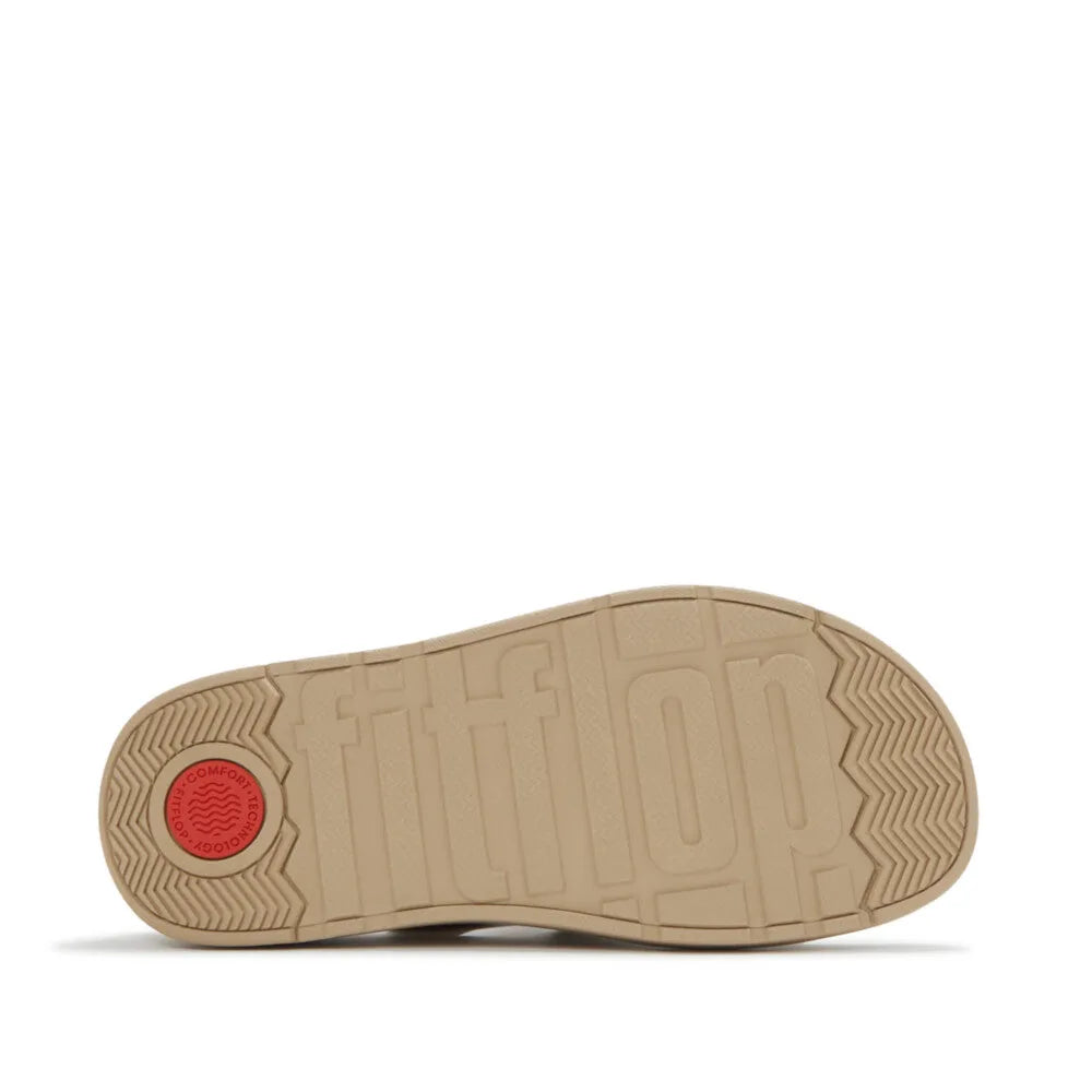 FitFlop A3T-923 Gen-FF women's suede fisherman's buckle sandals in cappuccino color, with cushioned sole and textured outsole.