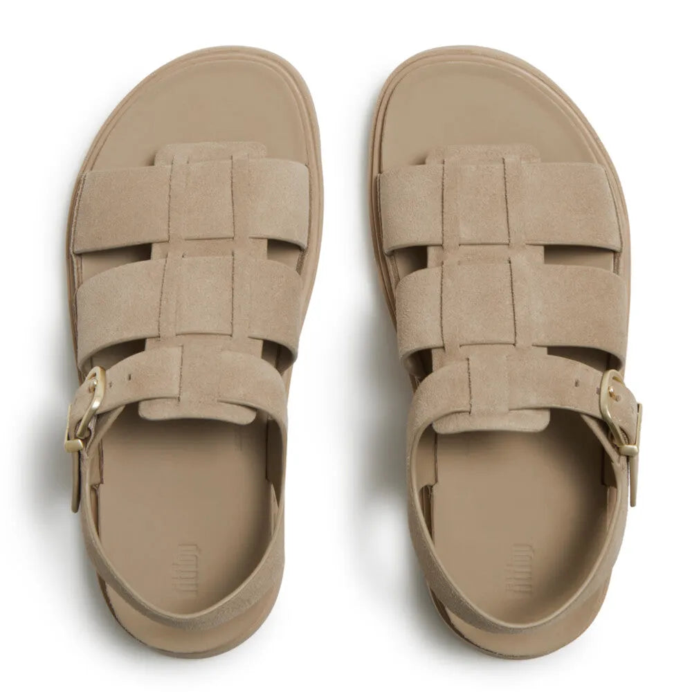 FitFlop ladies' cappuccino suede Fisherman sandals with buckle strap, cushioned footbed, and stylish design.