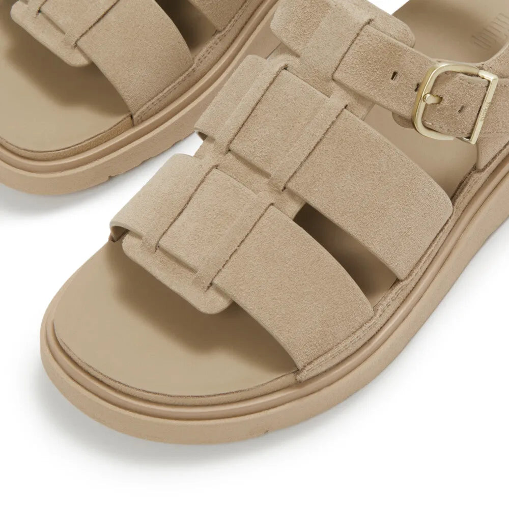 FitFlop A3T-923 Gen-FF women's suede Fisherman sandals in cappuccino with buckle closure.