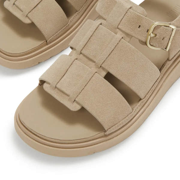 FitFlop A3T-923 Gen-FF women's suede Fisherman sandals in cappuccino with buckle closure.