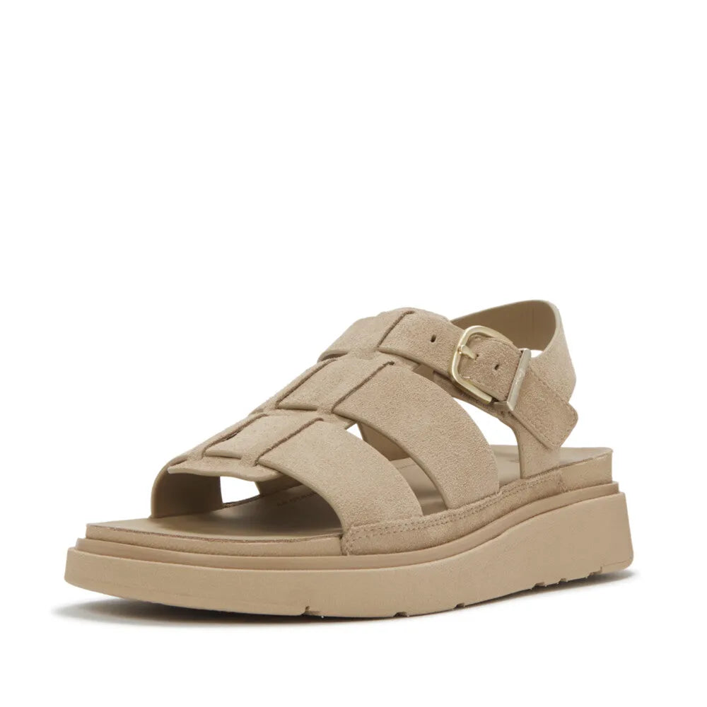 FitFlop Ladies Cappuccino Suede Fisherman Buckle Sandals, slip-on design with adjustable ankle strap and cushioned sole.