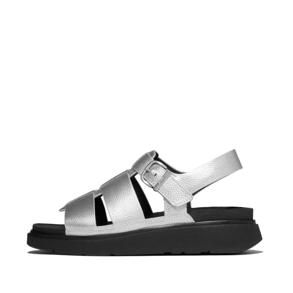 FitFlop Ladies Silver Leather Fisherman Buckle Sandals with cushioned black sole.