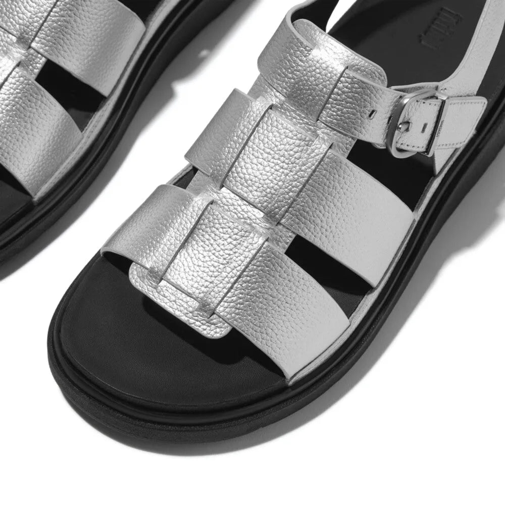 FitFlop Ladies Silver Leather Fisherman Buckle Sandals with textured straps and adjustable buckle.