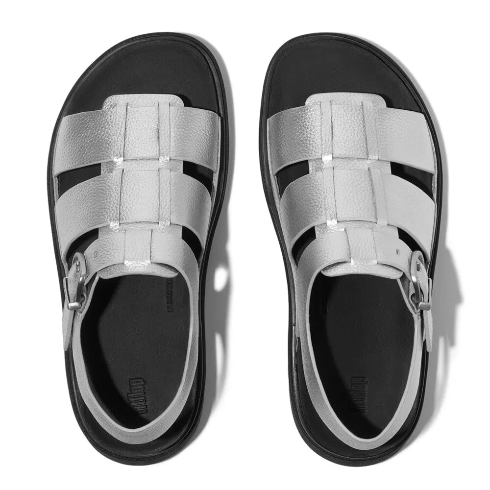 FitFlop ladies silver leather Fisherman sandals with buckles, cushioned footbed, and adjustable straps.