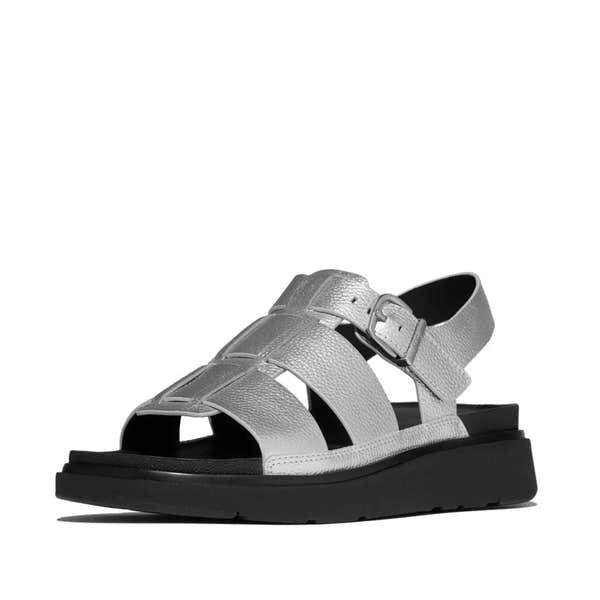 FitFlop women's silver leather Fisherman sandals with buckle closure, chunky black sole, and tumbled finish.