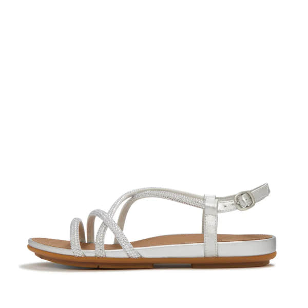 FitFlop Gracie Crystal Ladies Silver Leather & Textile Slingback Sandals, open-toe, embellished straps, adjustable ankle strap, flat sole.