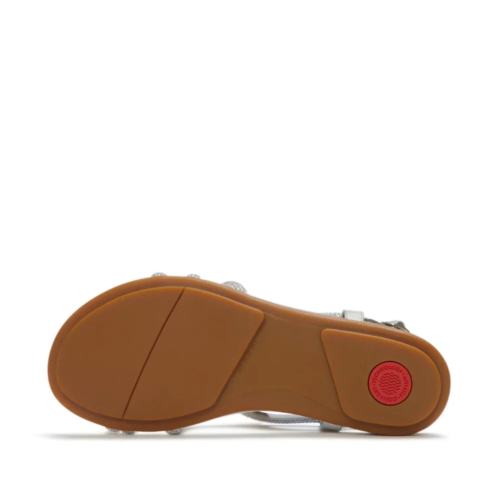 FitFlop A3Z-011 Gracie Crystal silver leather and textile sling-back sandals with cushioned sole and slip-resistant rubber outsole.