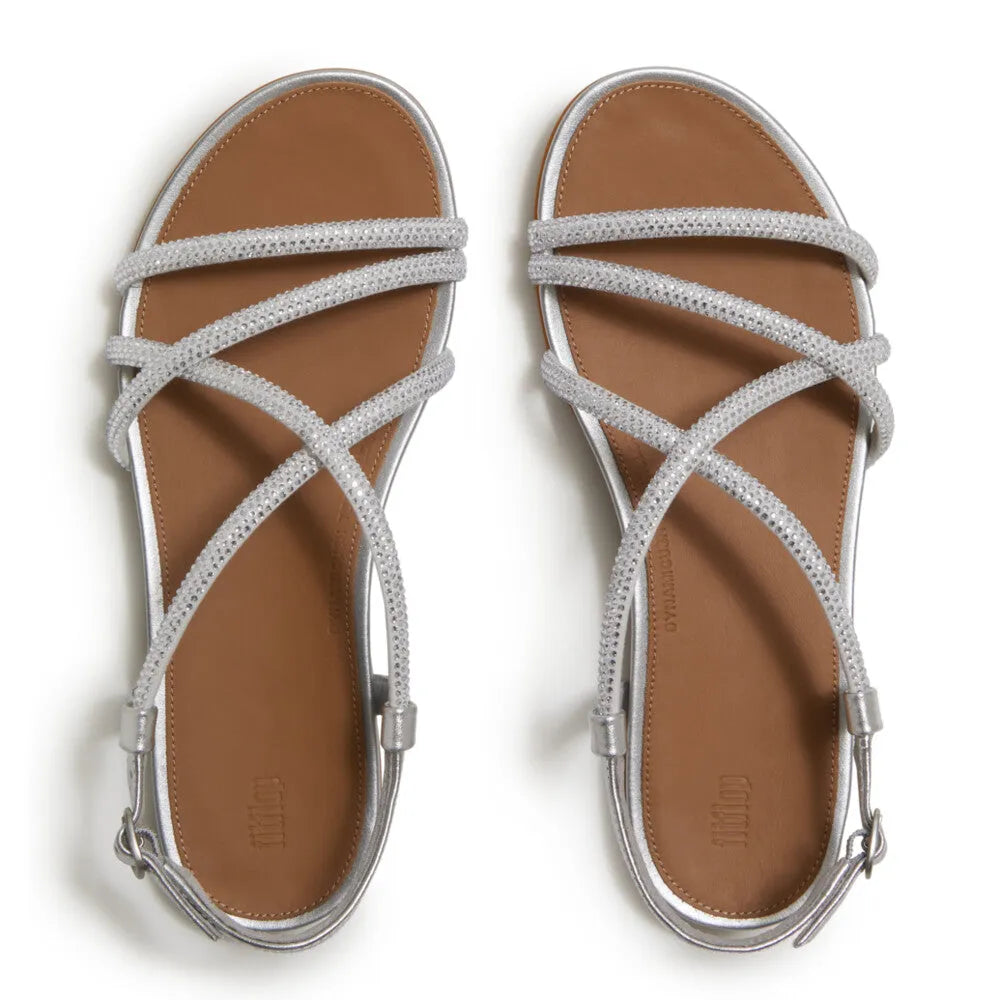 FitFlop Gracie Crystal women's silver leather and textile sling back sandals with rhinestone-embellished straps.