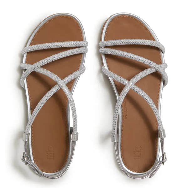 FitFlop Gracie Crystal women's silver leather and textile sling back sandals with rhinestone-embellished straps.