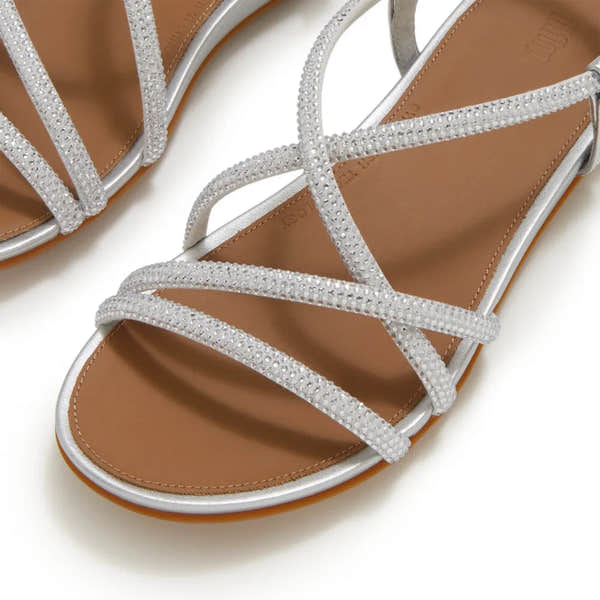 FitFlop Gracie Crystal women's silver leather and textile slingback sandals with rhinestone-embellished straps.