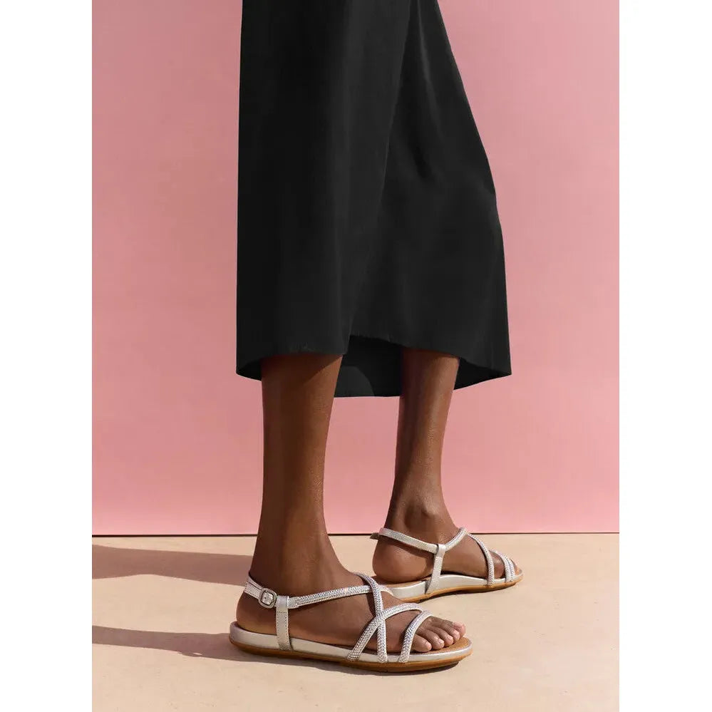 FitFlop Gracie Crystal ladies silver leather and textile slingback sandals, open-toe design, flat sole, stylish and comfortable.