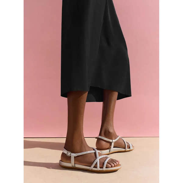 FitFlop Gracie Crystal ladies silver leather and textile slingback sandals, open-toe design, flat sole, stylish and comfortable.