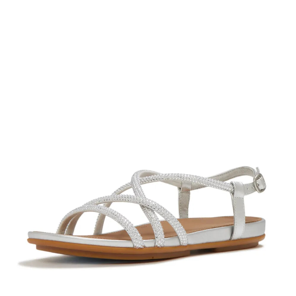 FitFlop Gracie Crystal ladies' silver leather and textile slingback sandals with rhinestone accents.