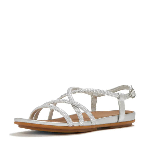 FitFlop Gracie Crystal ladies' silver leather and textile slingback sandals with rhinestone accents.