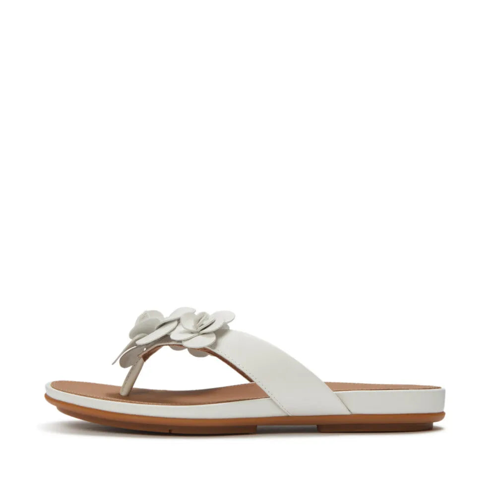 FitFlop A4A-194 Gracie Flower women's white leather T-bar sandals with decorative flower detail, flat sole, urban style.