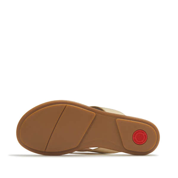 FitFlop A4A-675 Gracie Flower women's T-bar sandals in platinum leather with floral detail and cushioned sole.