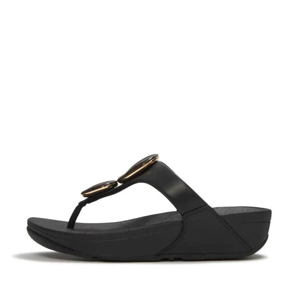 FitFlop Lulu Marbled Stone black T-strap women's sandals with cushioned footbed and wedge heel.