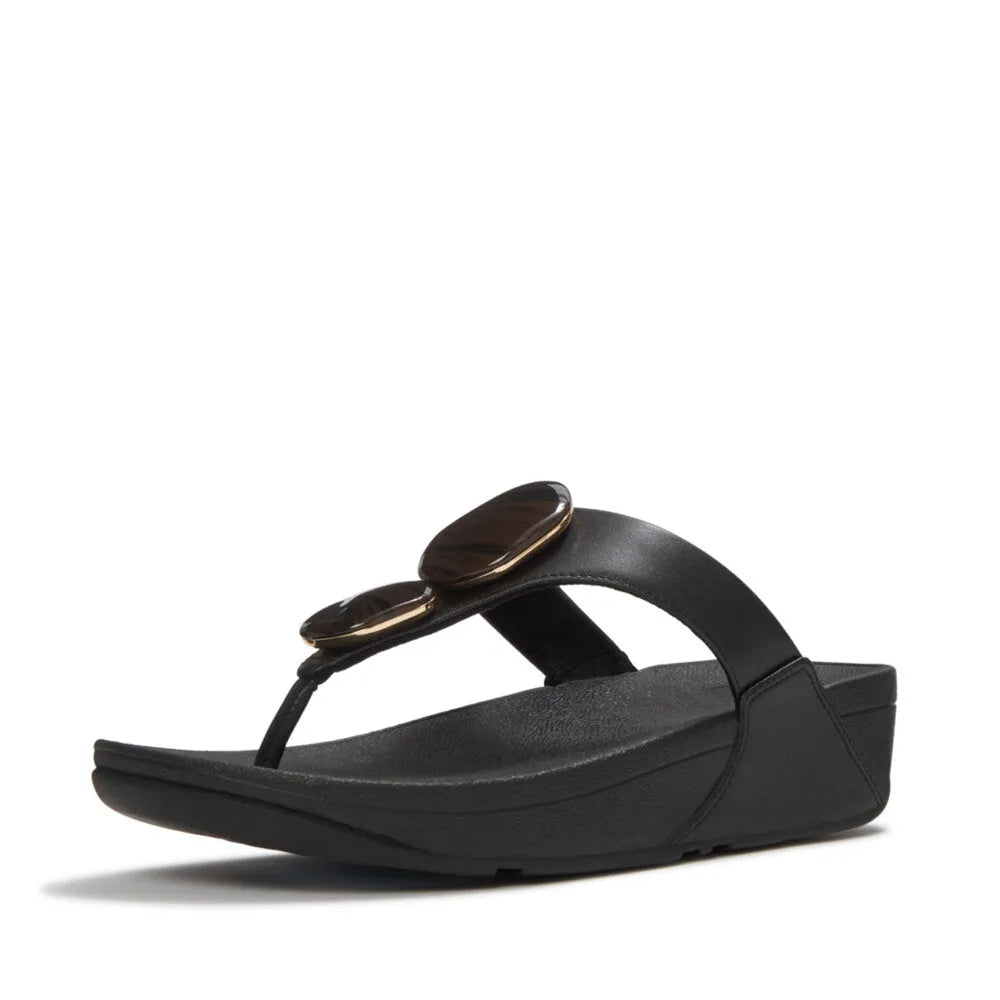 FitFlop Lulu Marbled Stone Black T-Bar Sandals for women, cushioned sole, adjustable strap, stylish and comfortable footwear.
