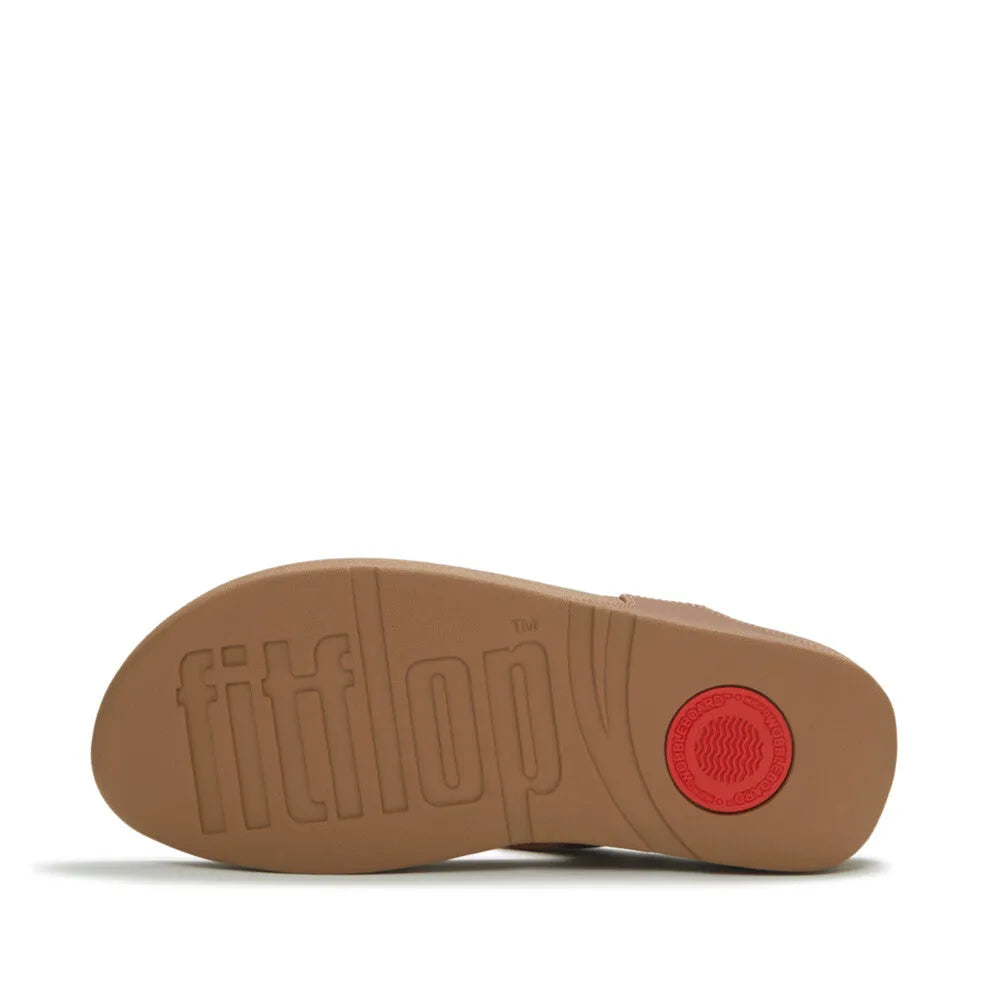 FitFlop Lulu Marbled Stone Ladies Deep Tan T-bar Sandals with textured sole and red logo accent.