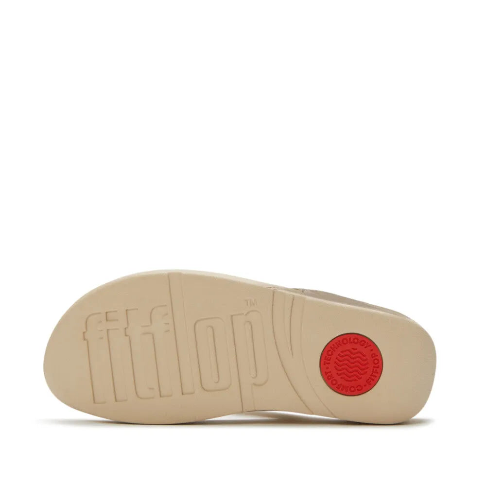 FitFlop Lulu Ultra-Jewel Ladies Platinum T-Bar Sandals with cushioned sole and logo details.