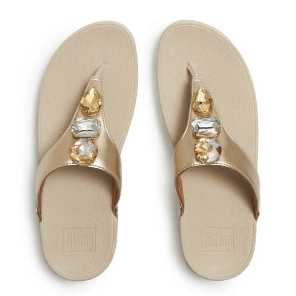 FitFlop Lulu Ultra-Jewel Ladies Platino T-bar Sandals with jeweled embellishments and comfortable sole.