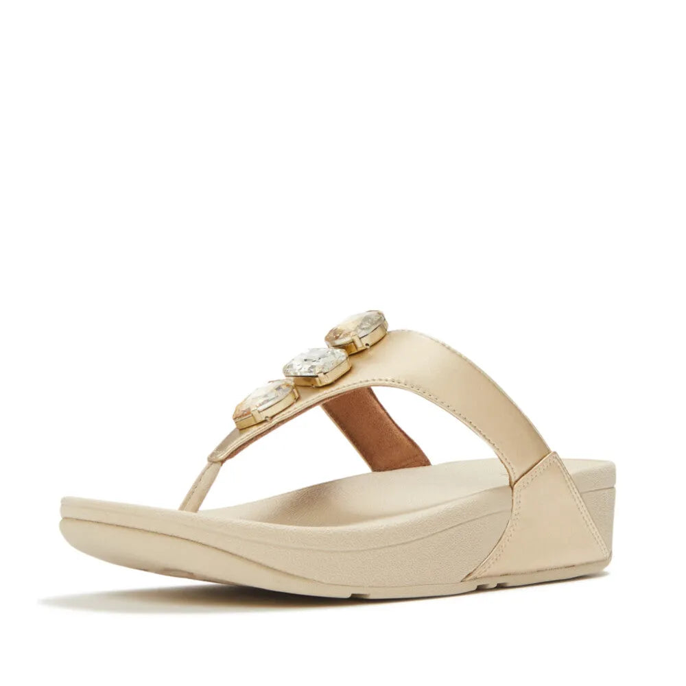 FitFlop Lulu Ultra-Jewel Ladies Platino T-bar Sandals with jeweled embellishments, cushioned sole, and metallic finish.