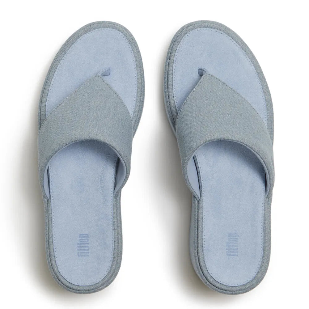 FitFlop women's light denim textile platform T-bar sandals with cushioned insoles and open-toe design.