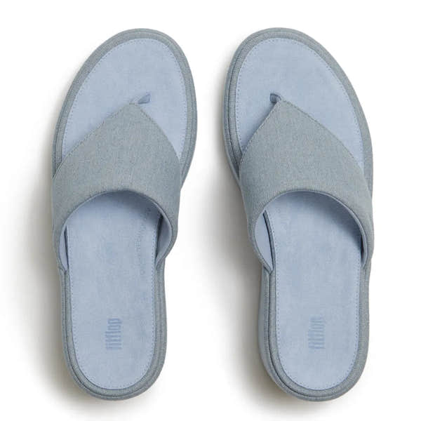 FitFlop women's light denim textile platform T-bar sandals with cushioned insoles and open-toe design.