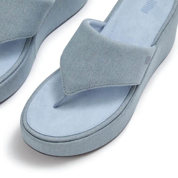 FitFlop A5H-E01 platform ladies light denim textile T-bar sandals, lightweight women's slip-on footwear with cushioned sole.