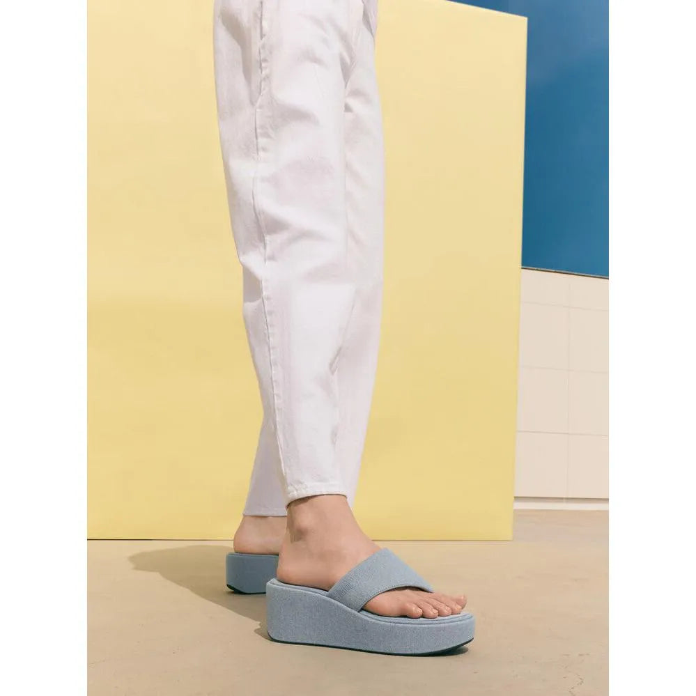 FitFlop A5H-E01 platform ladies' light denim textile T-strap sandals with wedge heel.