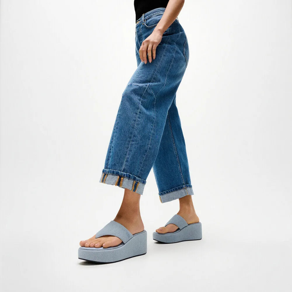 FitFlop Ladies Light Denim T-Bar Platform Sandals featuring a textured textile upper and chunky wedge sole.