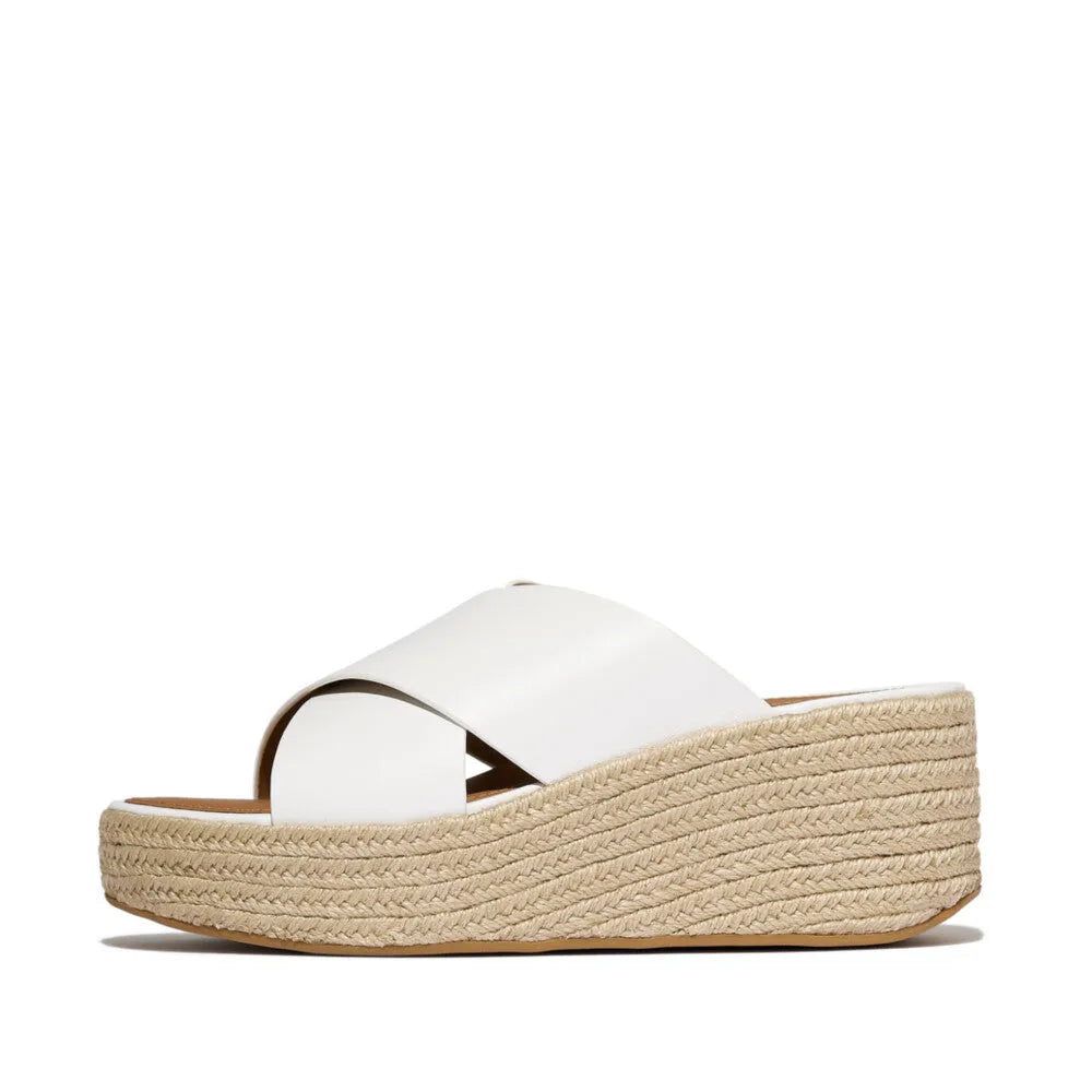 FitFlop women's white leather platform espadrille slide sandals with chunky rope sole.