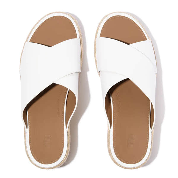 FitFlop A5K-194 platform espadrille sandals for women, white leather slide sandals with a chunky platform sole.