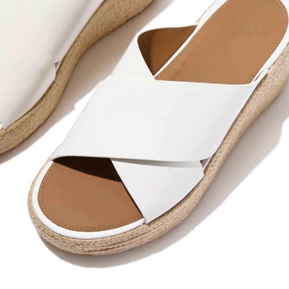 FitFlop A5K-194 Platform Espadrille Women's White Leather Slider Sandals with jute-wrapped sole.