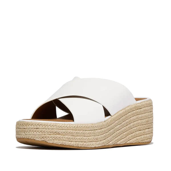 FitFlop women's white leather platform espadrille slider sandals with a woven jute wedge sole.