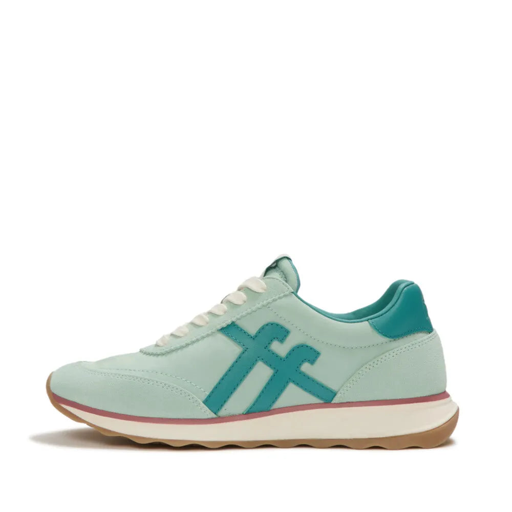 FitFlop A5P-E09 Retro-Q FF women's mint and teal leather and textile lace-up trainers, stylish and comfortable casual footwear.