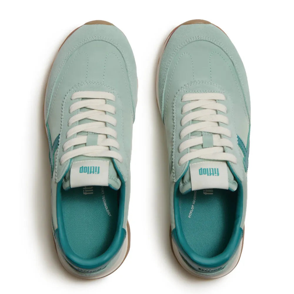 FitFlop A5P-E09 Retro-Q FF women's mint teal leather and textile lace-up trainers, cushioned comfort sneakers.