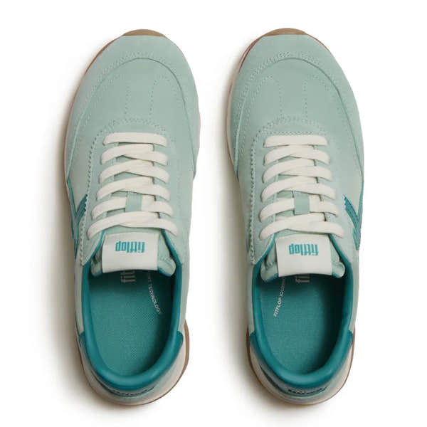 FitFlop A5P-E09 Retro-Q FF women's mint teal leather and textile lace-up trainers, cushioned comfort sneakers.