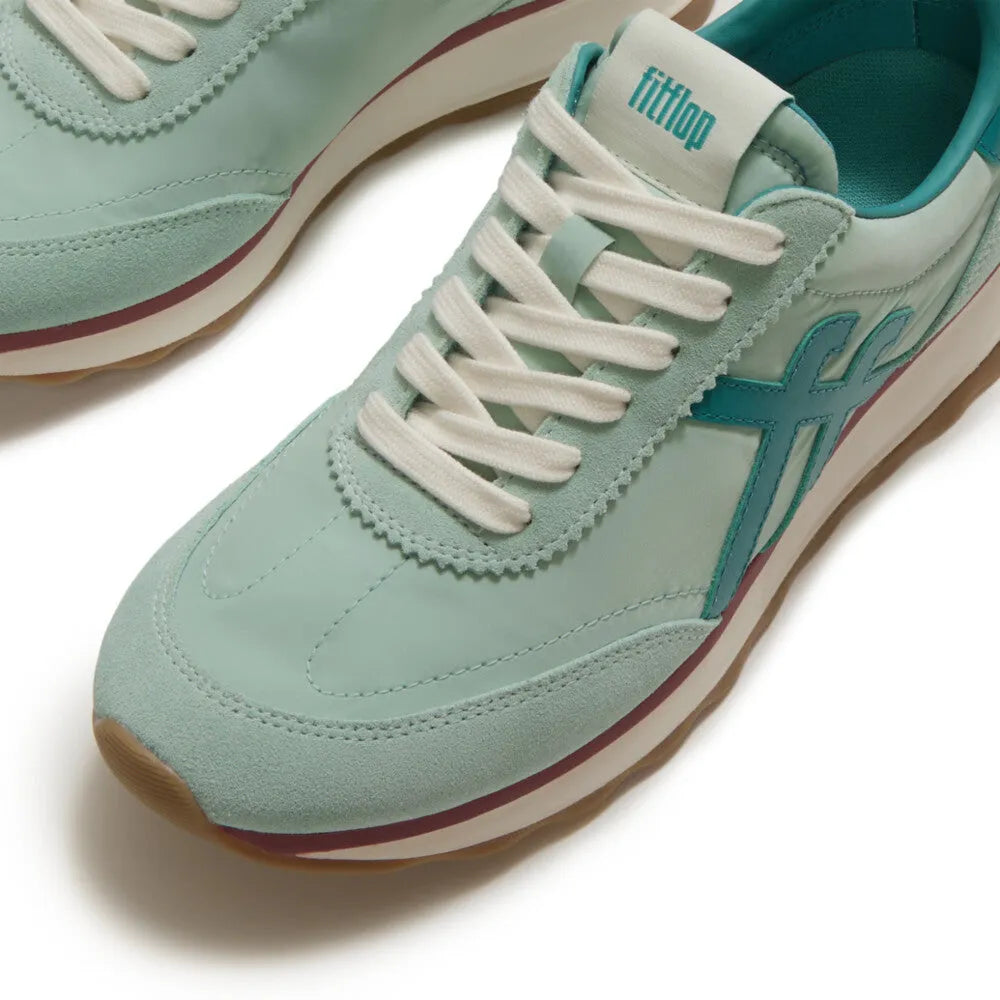 FitFlop A5P-E09 Retro-Q FF women's mint/teal leather and textile lace-up trainers with cushioned sole.