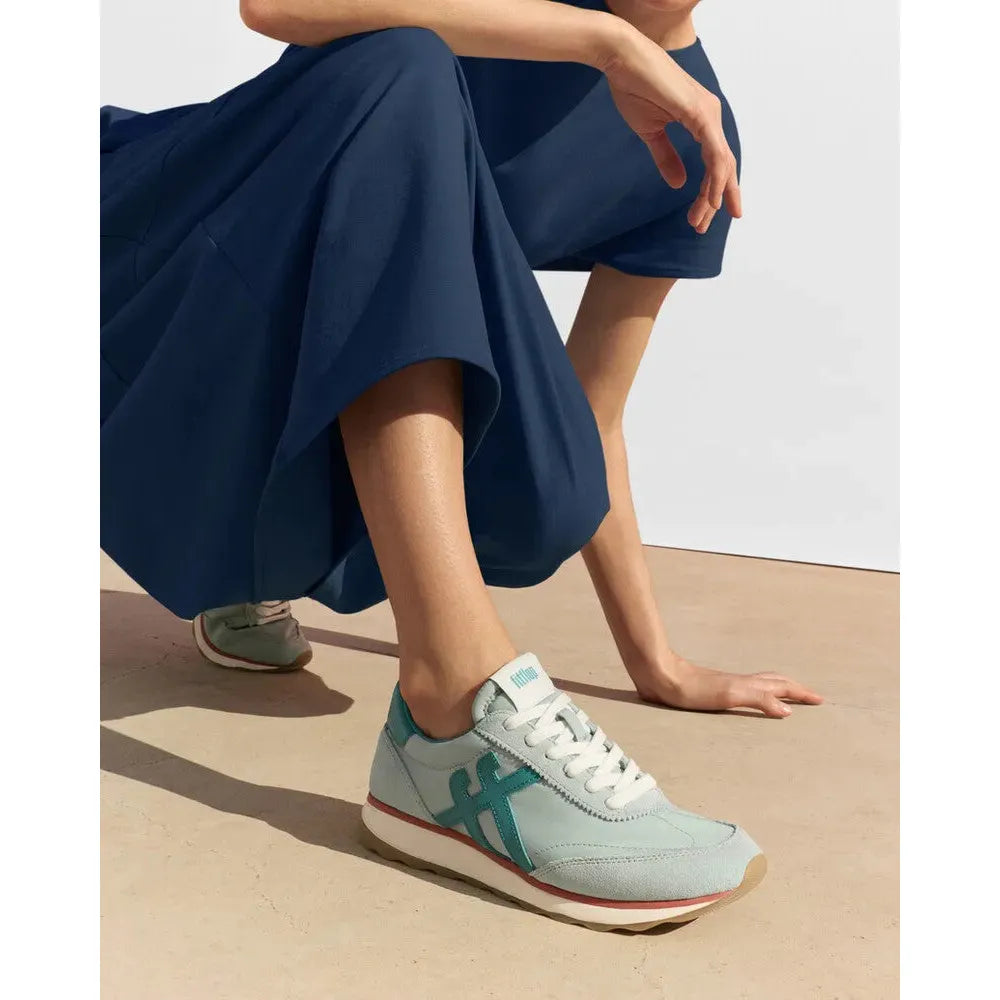 FitFlop A5P-E09 Retro-Q FF women's mint teal leather and textile lace-up trainers, casual athletic shoes with stylish design.