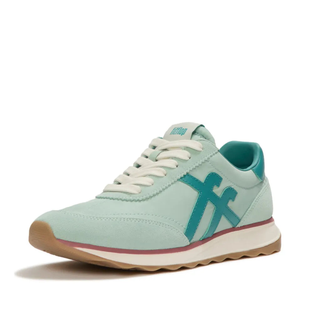 FitFlop A5P-E09 Retro-Q FF women's mint and teal leather and textile lace-up trainers with cushioned sole.